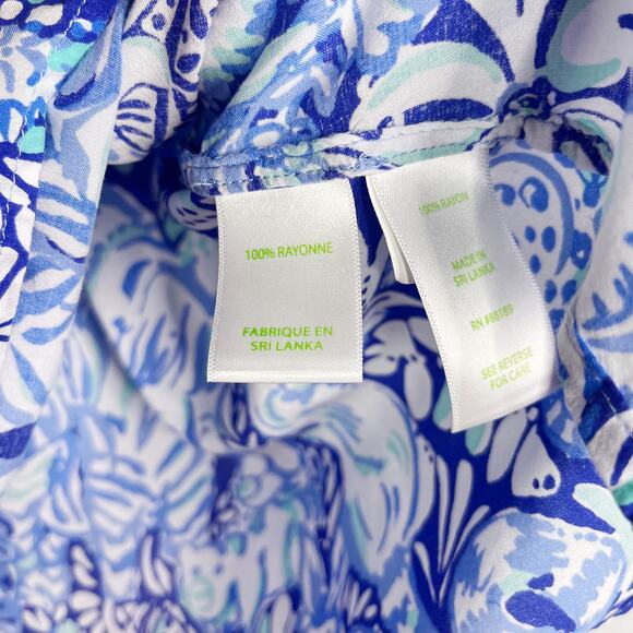 Lilly Pulitzer XSmall Blue Willa Top Royal Purple 60 Animals Tie V Neck Blouse - Picture 10 of 11